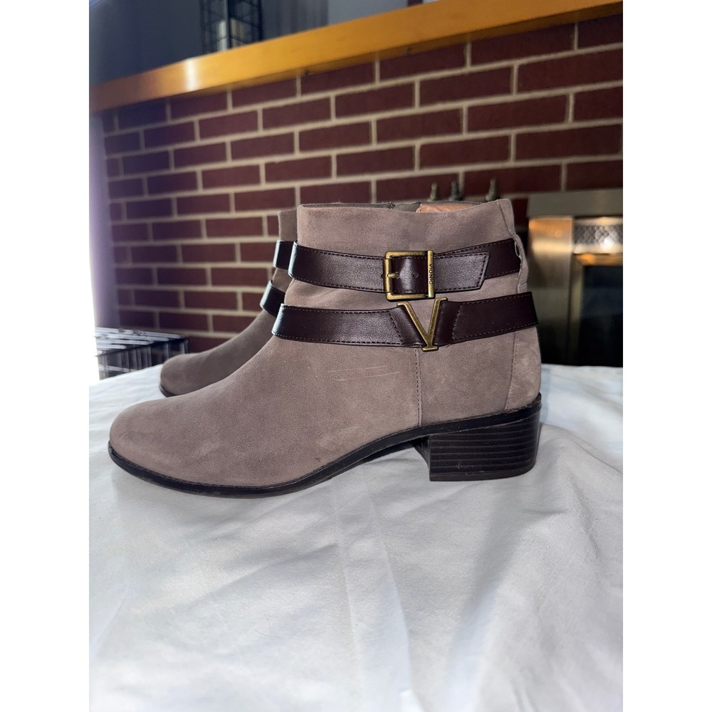 Vionic Suede Mana Ankle Boots Brown Buckle Strap Low Heel Booties Women's Shoes